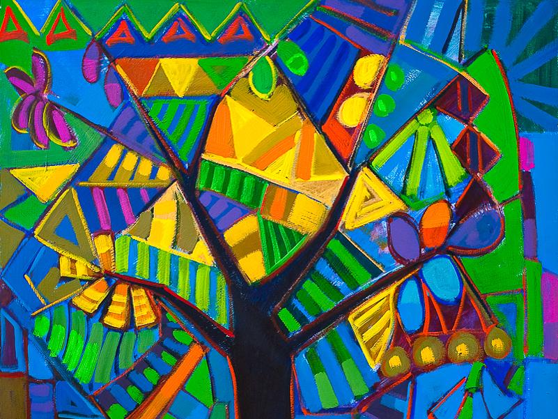Composición pictórica abstracta de colores vivos como amarillos, naranjos, verdes, azules y negro; tonos que configuran un boceto de árbol con tronco y follaje