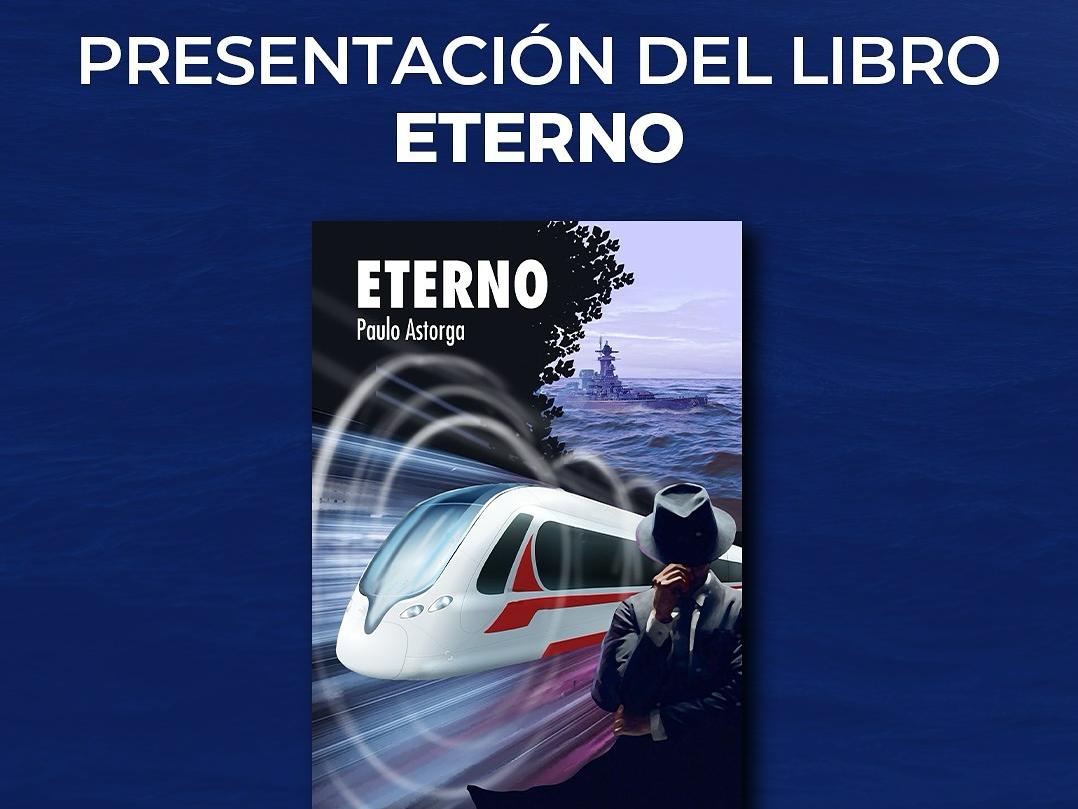 Gráfica en tono azul que muestra la portada de un libro, se aprecia un metrotren y la silueta de un hombre que oculta su rostro con un sombrero negro. 